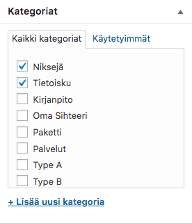 Esimerkki WordPressin aihekategorioista